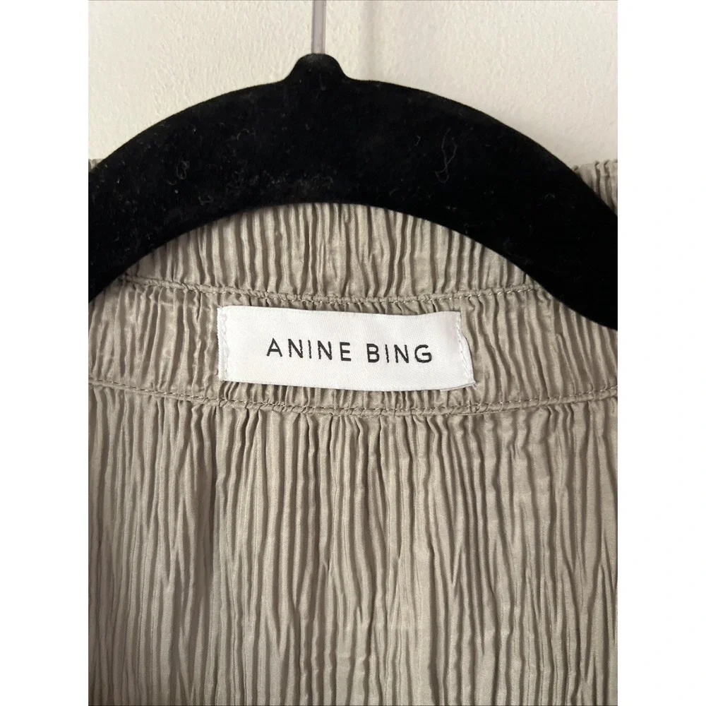 Anine Bing Alma Pleated Shirt Midi Dress Size Small Belted Green Khaki Modern